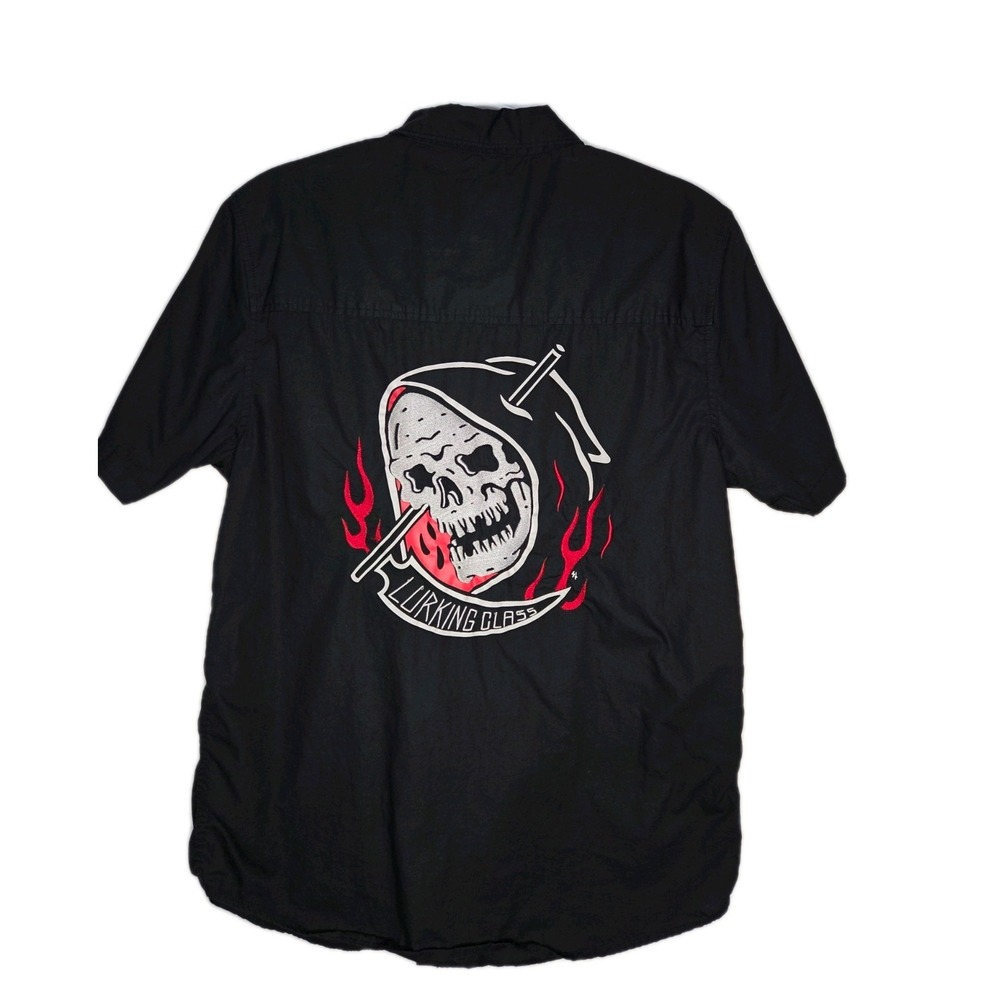 Lurking Class Grim Reaper Embroidered Short Sleeve Button Shirt Medium Mens Punk
